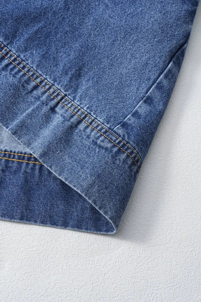 Blue Short Sleeve Collared Patched Pocket Denim Mini Dress - Love Salve